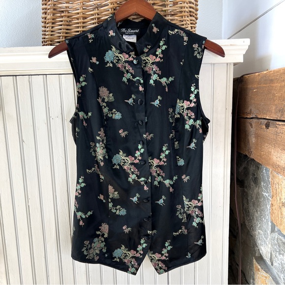 Vintage 90s/Y2K Black Chinese Asian Floral Satin Sleeveless Top Size M/L - Picture 1 of 5